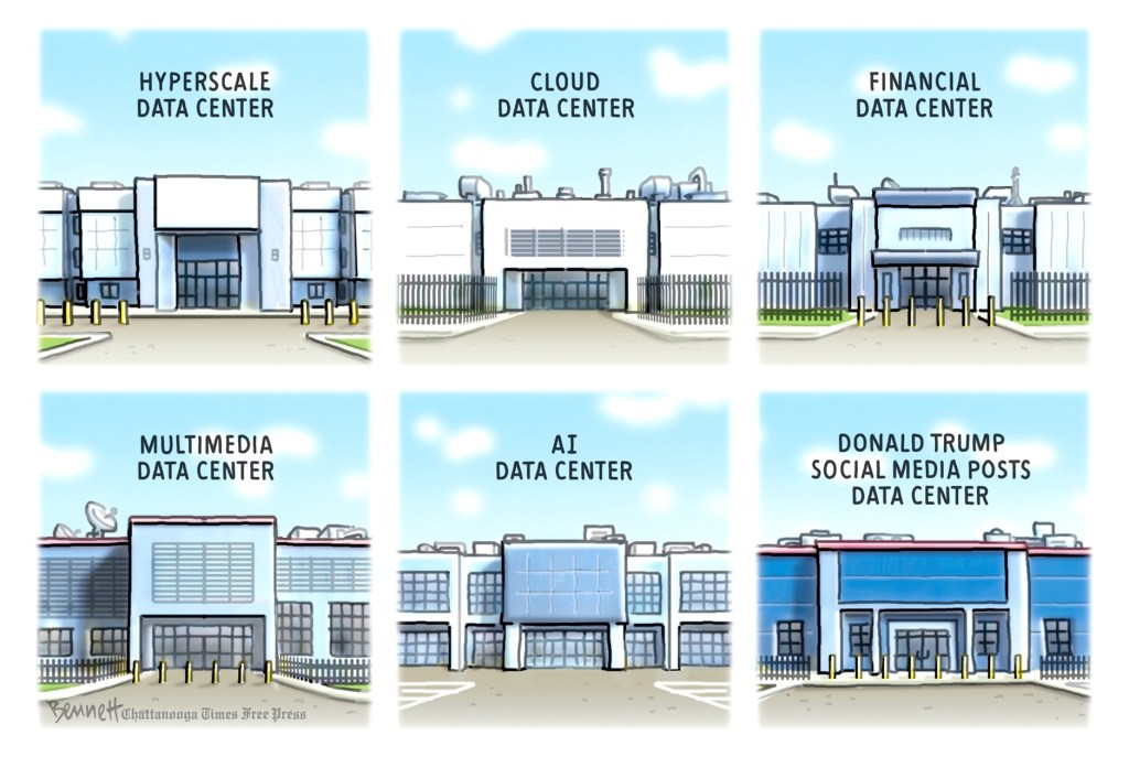 A cartoon by Clay Bennett of of various data centers.
