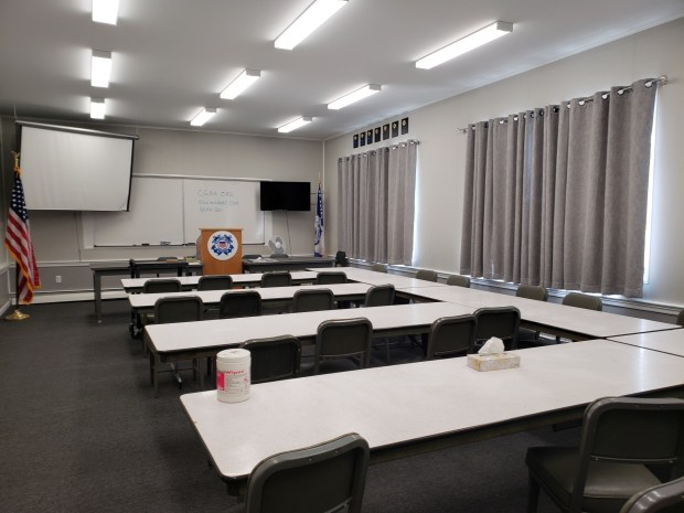 This classroom in the Reading Flotilla Training Base headquarters, 2058 River Road, was painted and outfitted by members of the group, including Base Director Michael McElwee's father, who also teaches boating safety. The group plans to vacate its current facility. Classes will be moved to a building at Blue Marsh Lake. (MICHELLE LYNCH/READING EAGLE)