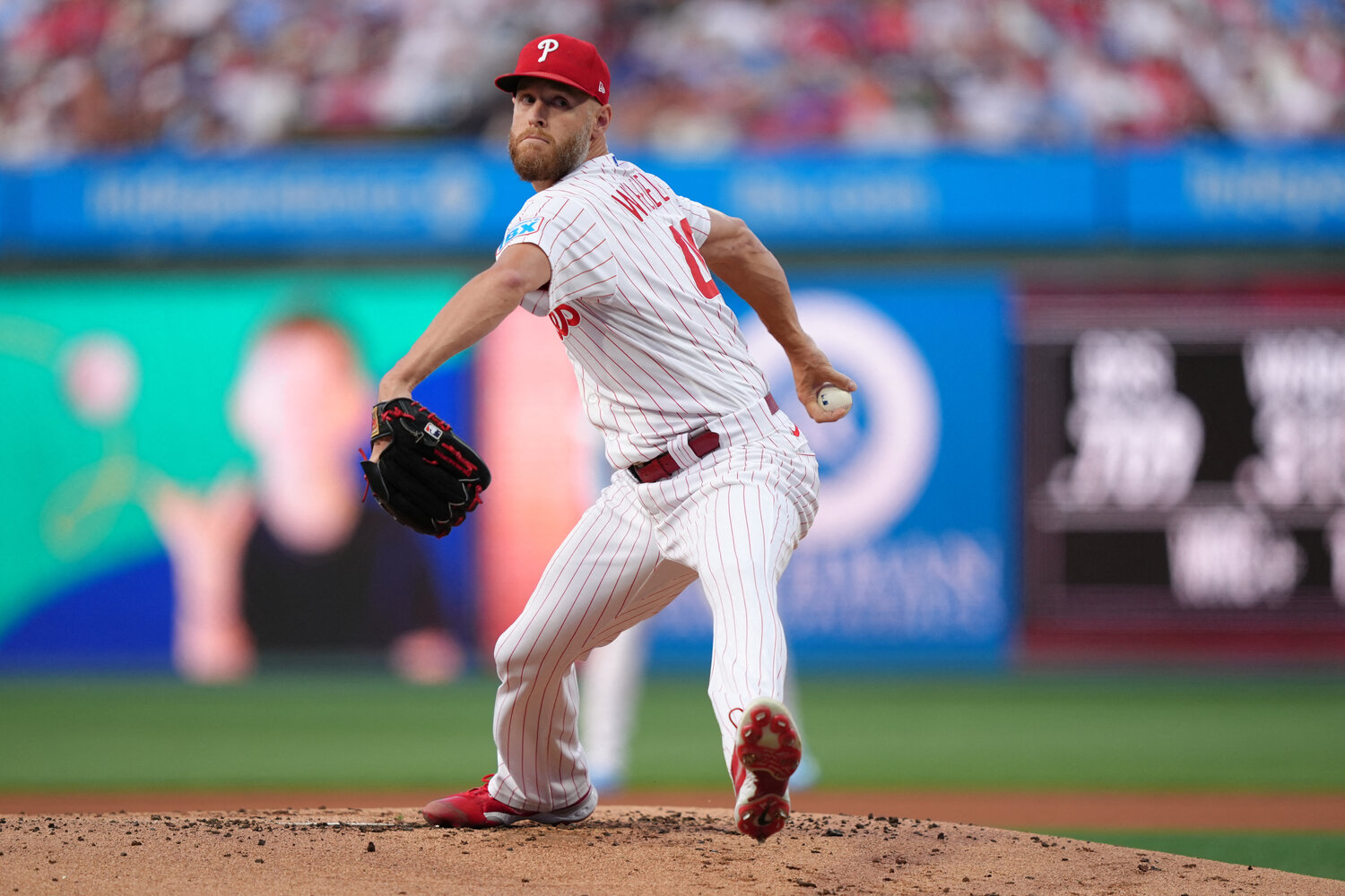 Philadelphia Phillies starting pitcher Zack Wheeler (45) throws a pitch against the New York Mets in the first inning at Citizens Bank Park.