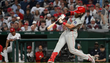 Philadelphia Phillies left fielder Brandon Marsh (16) doubles against the Washington Nationals during the eighth inning at Nationals Park.