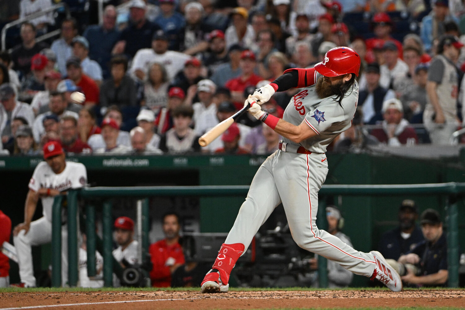 Philadelphia Phillies left fielder Brandon Marsh (16) doubles against the Washington Nationals during the eighth inning at Nationals Park.