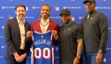 Sixers president Mike Gansey with first round draft pick Labaron Philon Jr., executive vice president Jameer Nelson, and assistant general manager Prosper Karangwa pose during an introductory press conference at the Philadelphia 76ers Training Complex.