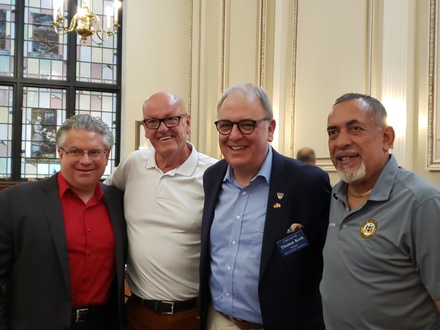 David W. Patti, Special Assistant to the Executive Chair at Customers Bank; Alderman Tony Jones, a former mayor of Reading, Berkshire, UK; Lord Mayor Thomas Keck of Reutlingen, Germany; and Mayor Eddie Moran of Reading pose during a farewell reception held recently in City Hall for the visitors from Reading's sister city, Reutlingen. Customers Bank was the signature sponsor of the visit. (MICHELLE LYNCH_READING EAGLE)