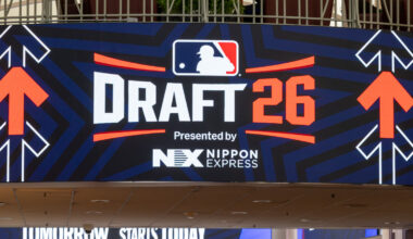 A Major League Baseball Draft sign, one of multiple at the Pennsylvania Convention Center ahead of Saturday