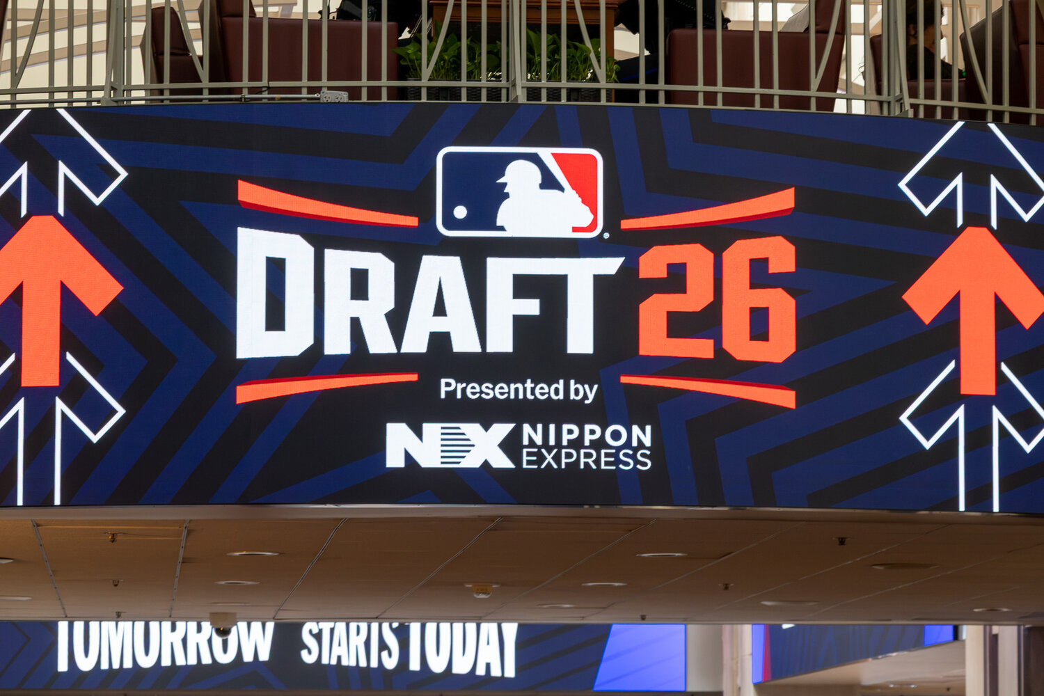 A Major League Baseball Draft sign, one of multiple at the Pennsylvania Convention Center ahead of Saturday