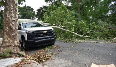 Storm damage is shown along Pine Street in West Philadelphia on Sunday, July 12, 2026.