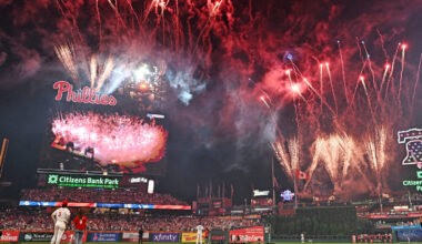 Fireworks go off over the stadium at the bottom of the fourth inning at the All-Star Game at Citizens Bank Park.