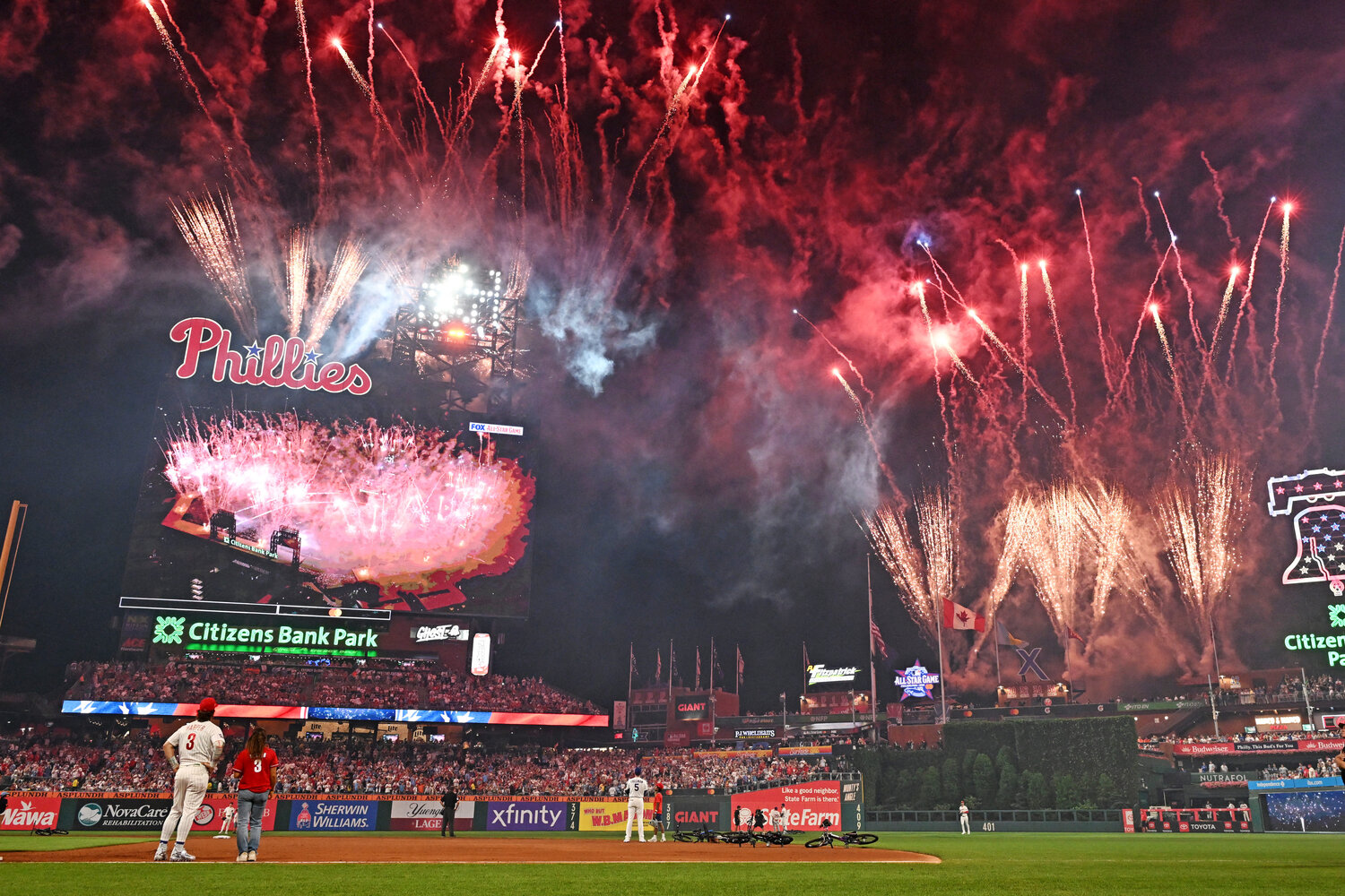 Fireworks go off over the stadium at the bottom of the fourth inning at the All-Star Game at Citizens Bank Park.