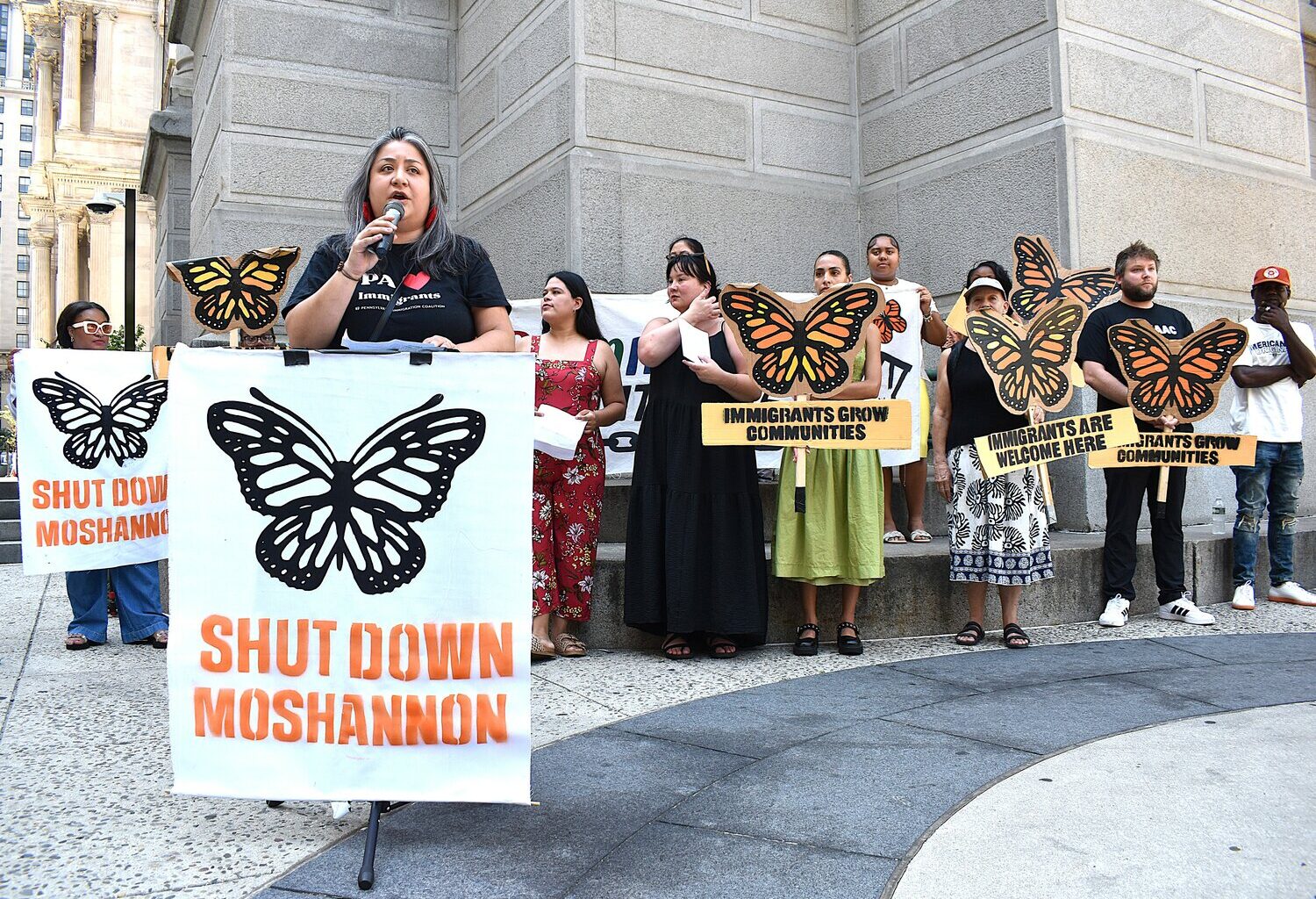 Jasmine Rivera, executive director of the Pennsylvania Immigration Coalition, speaks about Constance L., a woman detained by ICE, during a news conference Wednesday, July 15, 2026, outside City Hall.