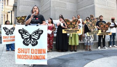 Jasmine Rivera, executive director of the Pennsylvania Immigration Coalition, speaks about Constance L., a woman detained by ICE, during a news conference Wednesday, July 15, 2026, outside City Hall.