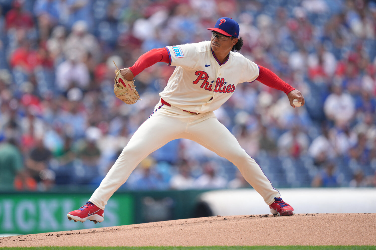 Philadelphia Phillies starting pitcher Jesus Luzardo (44) throws a pitch against the New York Mets in the first inning at Citizens Bank Park.
