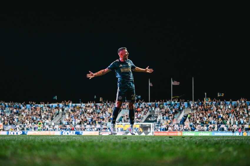 Kai Wagner celebrates his assist in his first game back with the Philadelphia Union