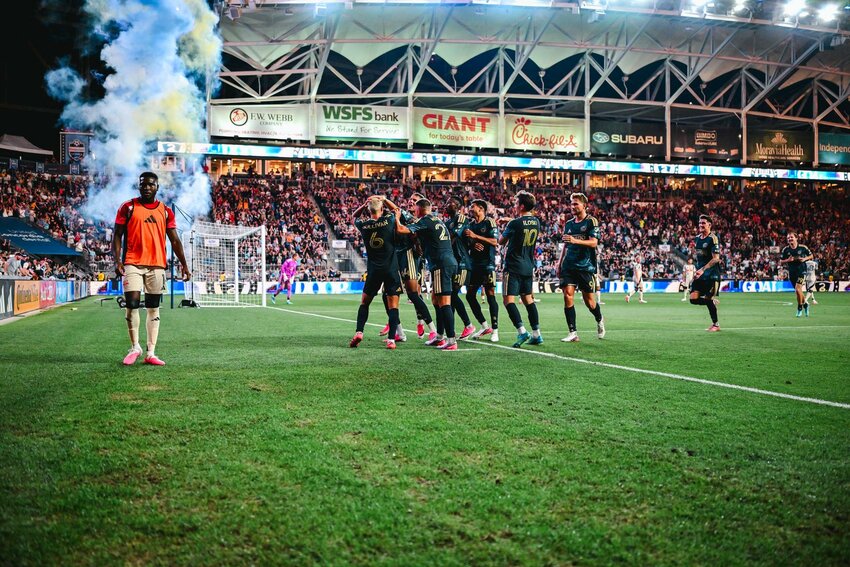 The Philadelphia Union celebrates Defender Neil Pierre's goal on his first team debut in a 3-1 win over the New York Red Bulls.