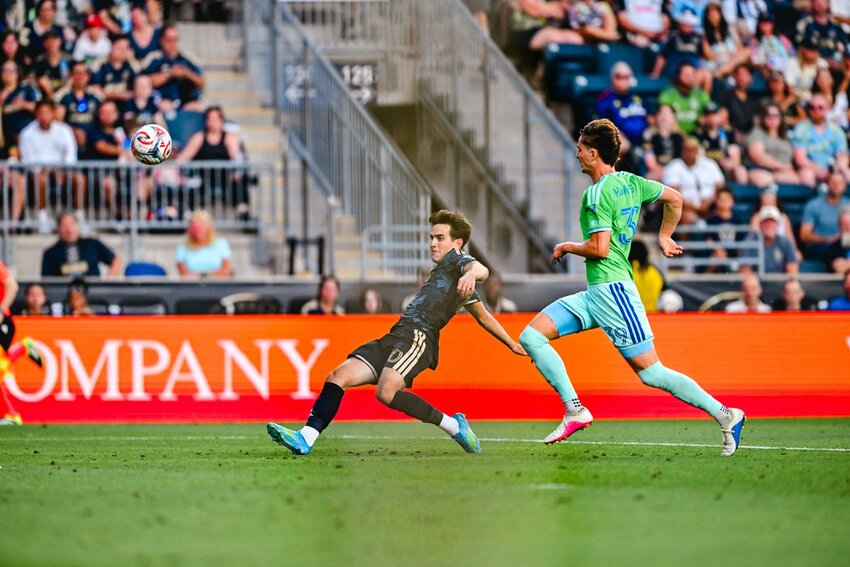 Philadelphia Union striker Milan Iloski scoring his 9th goal of the season vs Seattle Sounders