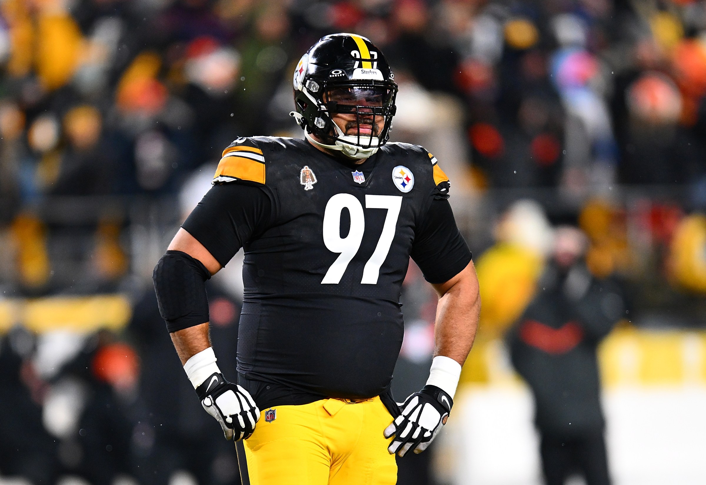 Cameron Heyward #97 of the Pittsburgh Steelers looks on during the game against the Cincinnati Bengals at Acrisure Stadium on January 5, 2025 in Pittsburgh, Pennsylvania.