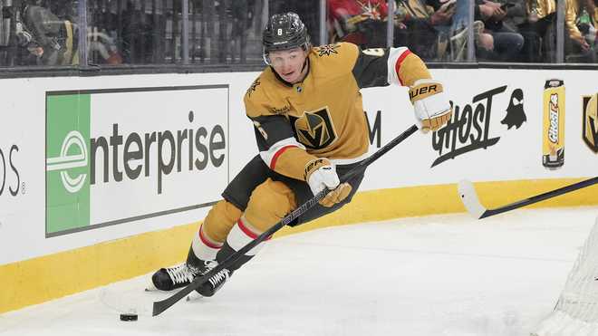 Kaedan Korczak LAS VEGAS, NEVADA - APRIL 13: Kaedan Korczak #6 of the Vegas Golden Knights skates with the puck against the Winnipeg Jets in the third period of their game at T-Mobile Arena on April 13, 2026 in Las Vegas, Nevada. The Golden Knights defeated the Jets 6-2. (Photo by Candice Ward/Getty Images)