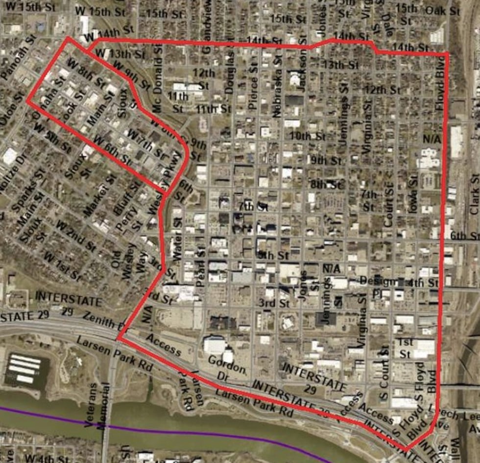 The area inside the red lines on this map show the areas of Sioux City where UTVs would be...