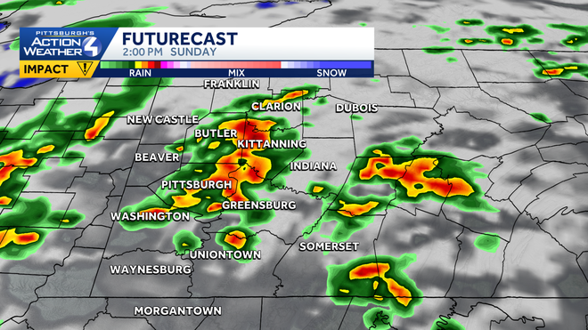 Impact Day: More rain and storms for western PA rain and storms again fire up sunday afternoon and evening.