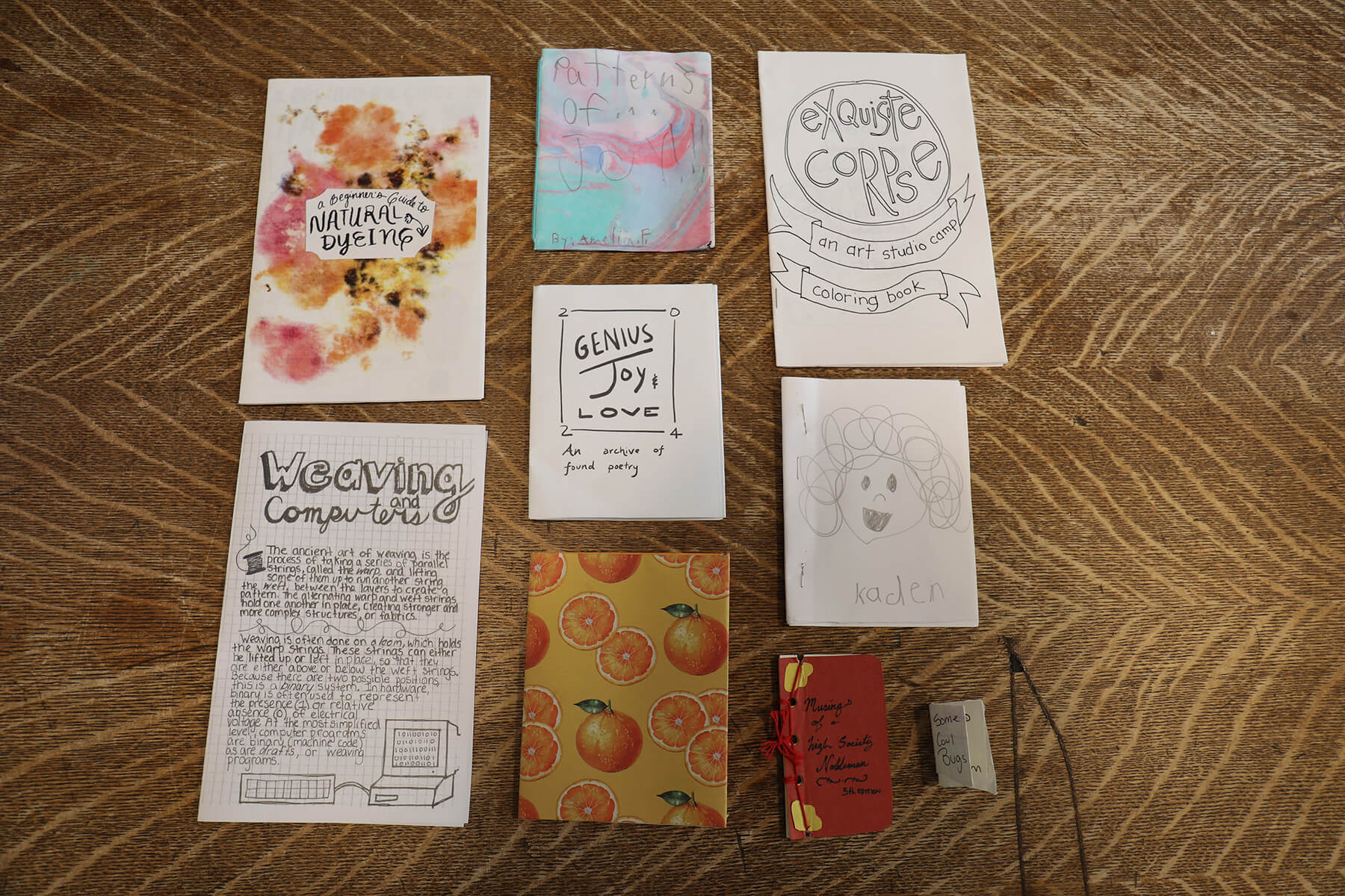 Eight handmade zines and notebooks with various covers are neatly arranged in two rows on a wooden surface.
