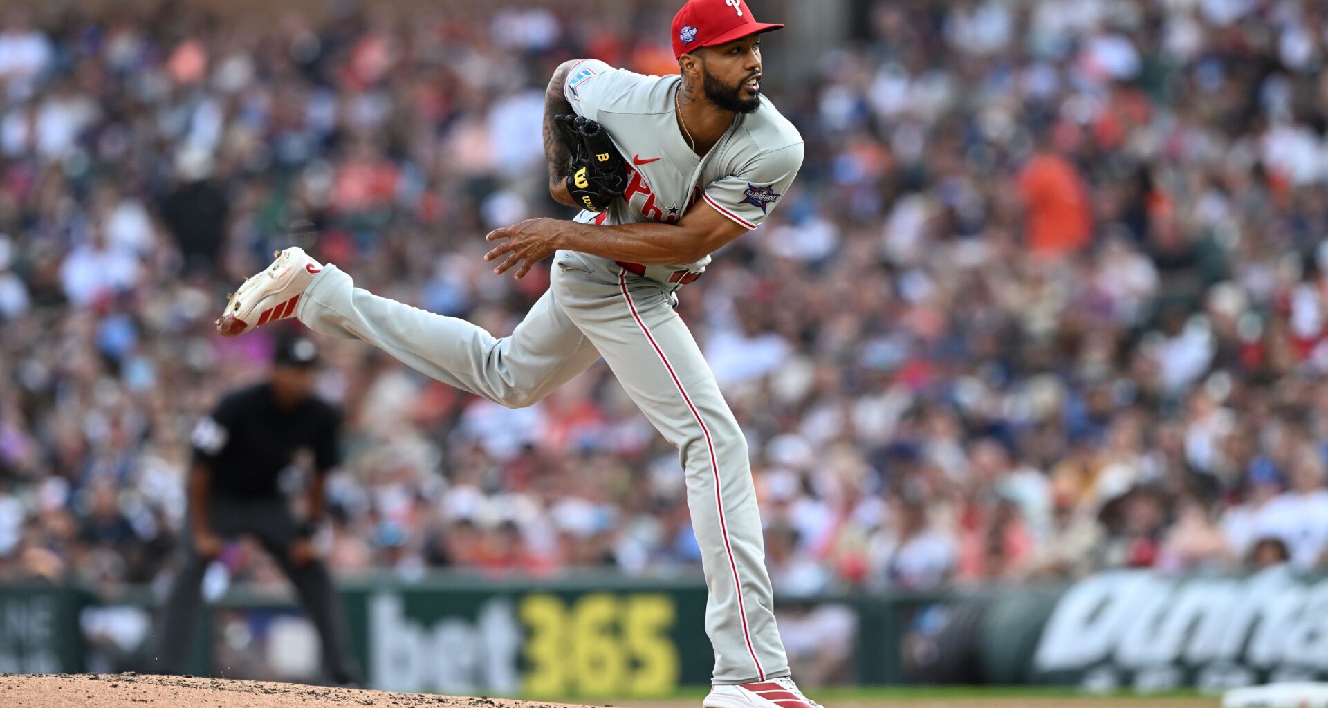 Philadelphia Phillies pitcher Cristopher Sánchez throws against the Detroit Tigers in the sixth inning of a baseball game, Saturday, July 11, 2026, in Detroit. (AP Photo/Lon Horwedel)