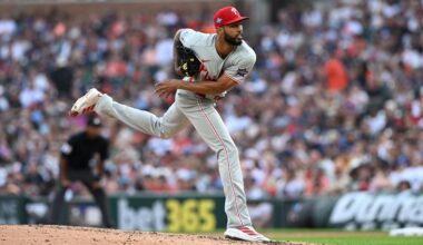 Philadelphia Phillies pitcher Cristopher Sánchez throws against the Detroit Tigers in the sixth inning of a baseball game, Saturday, July 11, 2026, in Detroit. (AP Photo/Lon Horwedel)