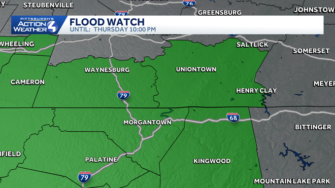 Flood Watch through 10 p.m. Thursday for Fayette, Greene, Monongalia, and Preston Counties. flood watch through 10 p.m. thursday for fayette, greene, monongalia, and preston counties.