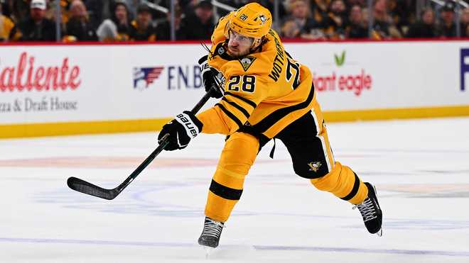 Parker Wotherspoon PITTSBURGH, PENNSYLVANIA - APRIL 27: Parker Wotherspoon #28 of the Pittsburgh Penguins shoots the puck against the Philadelphia Flyers during the first period in Game Five of the First Round of the 2026 Stanley Cup Playoffs at PPG PAINTS Arena on April 27, 2026 in Pittsburgh, Pennsylvania. (Photo by Justin Berl/Getty Images)