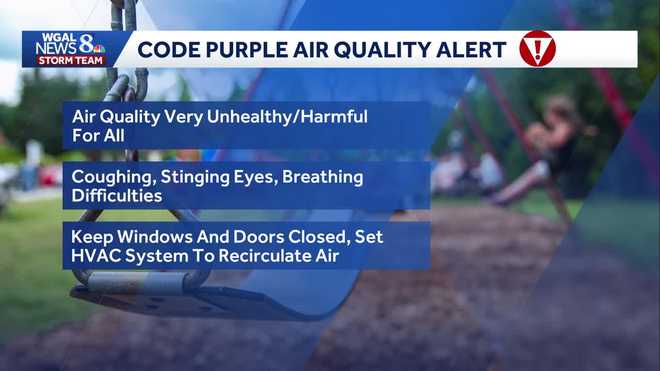 A Code Purple air quality alert will be in effect for south-central Pennsylvania on Friday as thick wildfire smoke continues to swirl across the region, creating potentially harmful conditions for everyone, according to the Pennsylvania Department of Environmental Protection. A Code Purple air quality alert will be in effect for south-central Pennsylvania on Friday as thick wildfire smoke continues to swirl across the region, creating potentially harmful conditions for everyone, according to the Pennsylvania Department of Environmental Protection.
