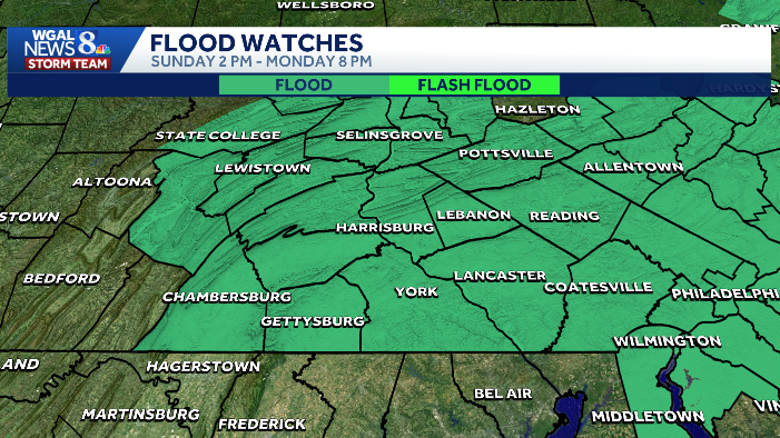 Flood watch and storm risk begin Sunday in South-Central Pennsylvania