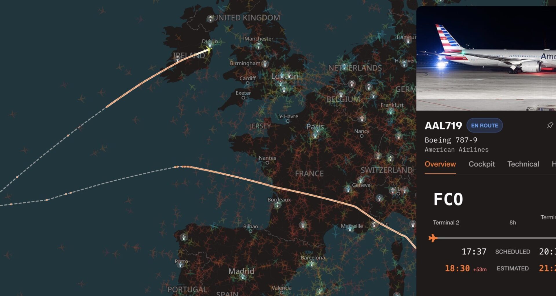 American Airlines flight AA719 to Philadelphia just diverted to Dublin