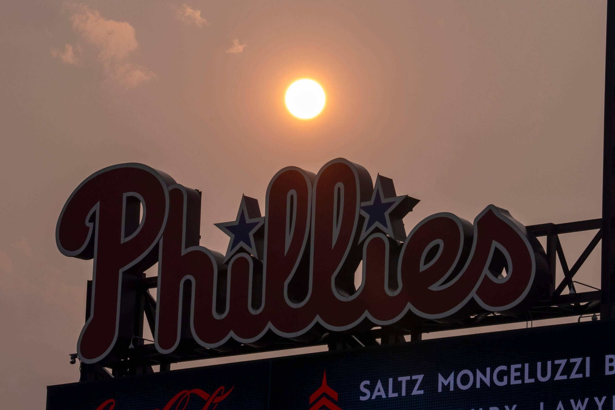 A Phillies sign at a hazy Citizens Bank Park in Philadelphia. 