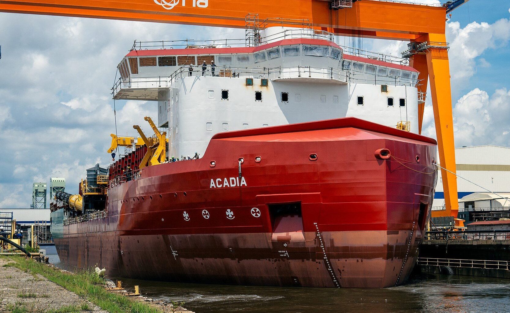 The offshore rock installation vessel Acadia is launched at Hanwha Philly Shipyard
