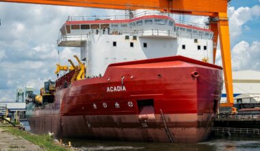 The offshore rock installation vessel Acadia is launched at Hanwha Philly Shipyard