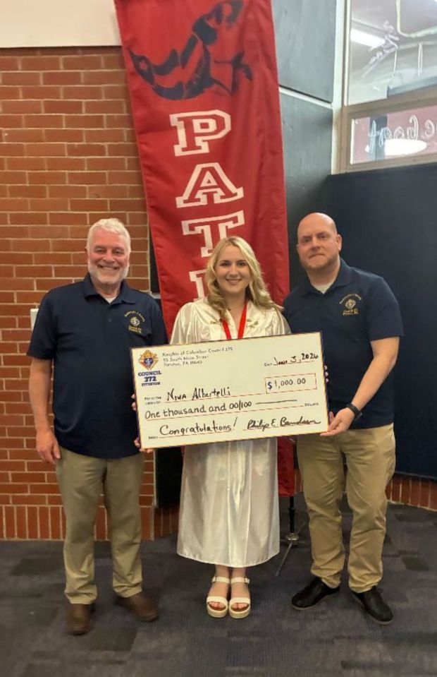 From left, are Ed Lahart, Nina Albertelli, Pittston Area's Robert F. Kennedy Knights of Columbus Council 372 scholarship recipient, and Phil Bendsen. (SUBMITTED)