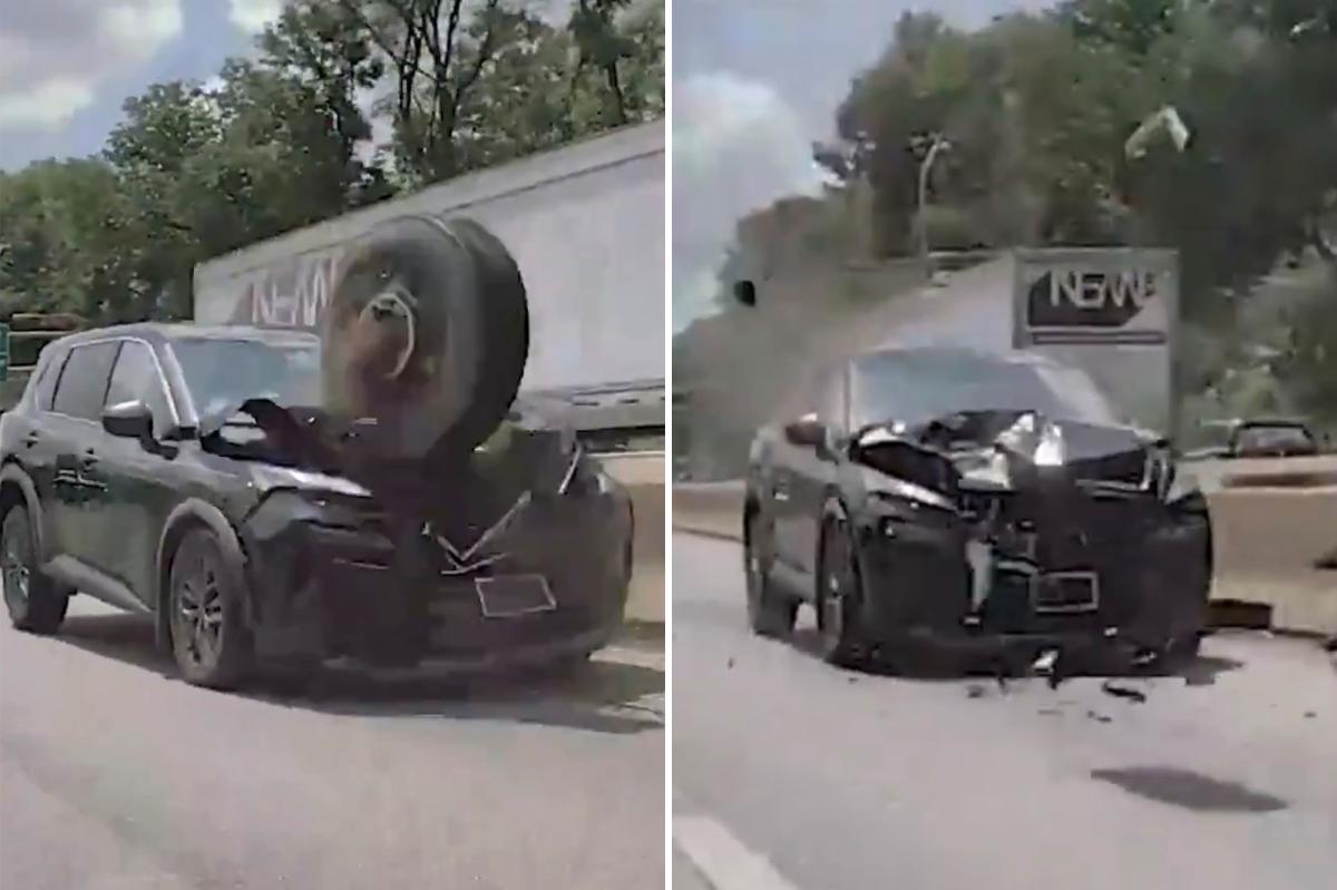 Loose tire flies across Philadelphia highway, pulverizes front end of SUV: dashcam