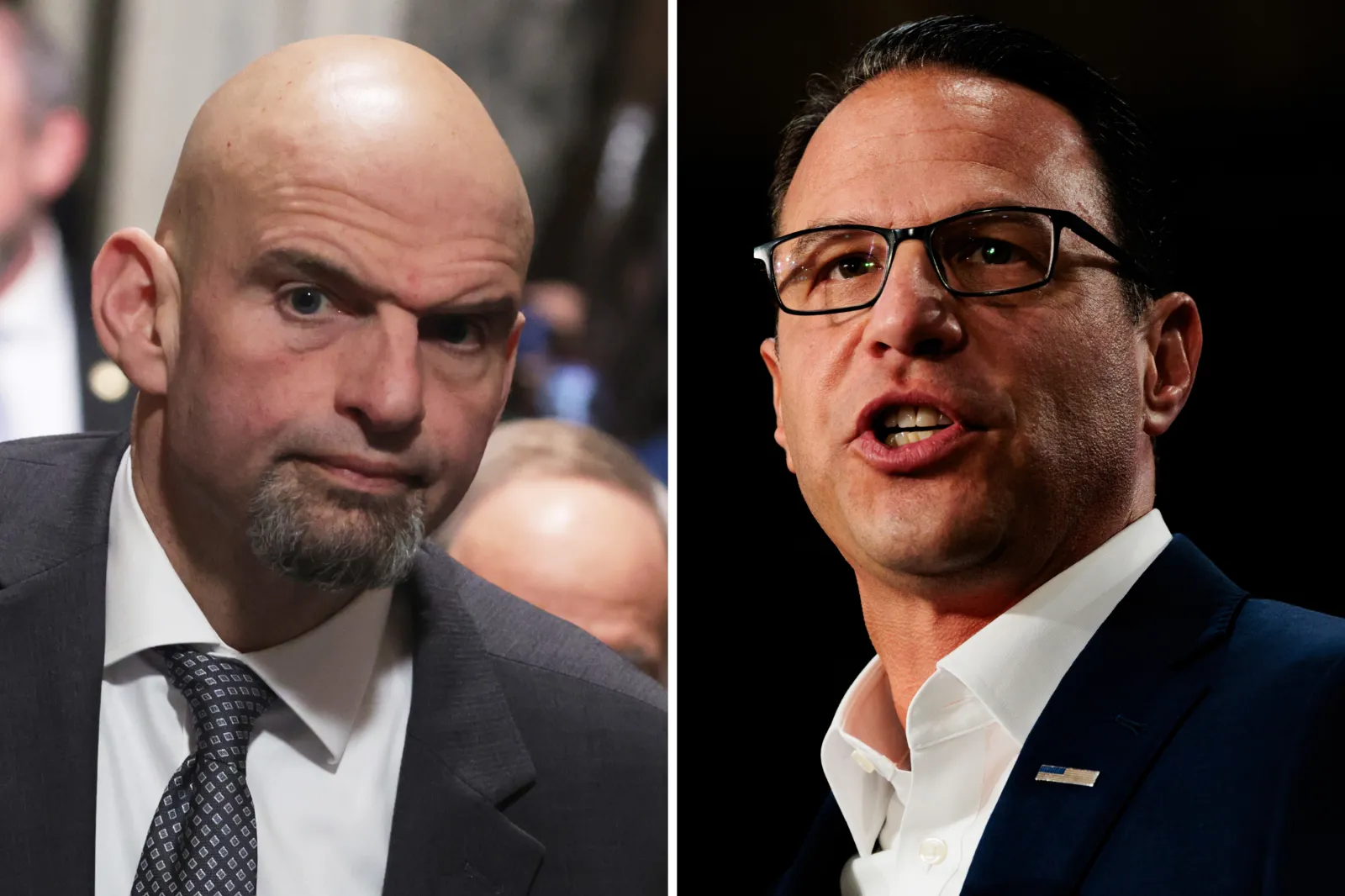 Pennsylvania Senator John Fetterman, left, attends the State of the Union address in Washington, D.C., on February 7, 2023, while Pennsylvania Governor Josh Shapiro, right, speaks at a rally in Ambler, Pennsylvania, on July 29, 2024.