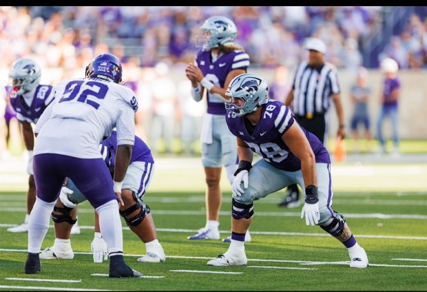 Kansas State's John Pastore, from Erie High, lines up for a snap against TCU during the 2025 season. (Photo by Chandler Mixon of Kansas State athletics/Provided by John Pastore)