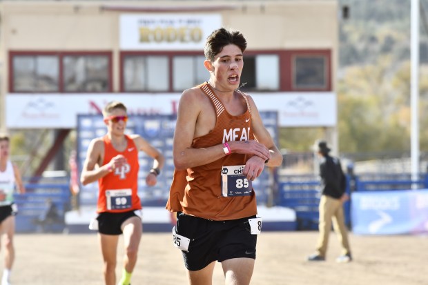 Mead's Josh Knight crosses the finish line during the Class 4A cross country state championships at the Norris Penrose Event Center on Nov. 1, 2025. (Alissa Noe/BoCoPreps.com)