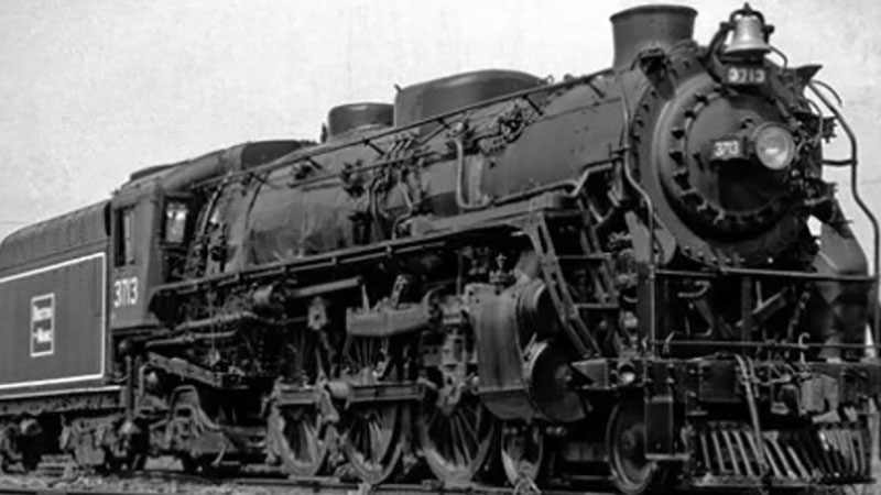 A steam locomotive in black and white at Steamtown National Historic Site in Scranton, PA.