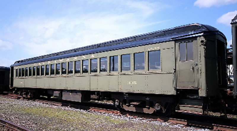 A passenger rail car in the yard at Steamtown National Historic Site in Scranton, PA.