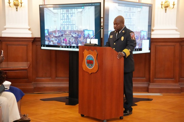 Reading Fire Chief Robert Leonard II addresses the audience Monday after taking the oath as the city's 22nd fire chief. (Courtesy city of Reading)