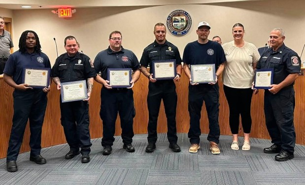 Brookhaven firefighters who recently received their their Firefighter I Pro Board Certification are, left to right, Marquise Waller, Robert Westergaard, Steve Davish Sr., James McGowan, and Nate Ziemer, with Brookhaven council member Mary Ziemer and Brookhaven Fire Company Chief Rob Montella. (COURTESY OF DAVE SCHLOTT)