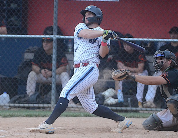 Upper Darby's Ant Kelly doubles in a run as the Blue Sox defeated Aston 4-2 in Game 2 of a Delco League semifinal playoff series Monday. (PETE BANNAN/MediaNews Group)
