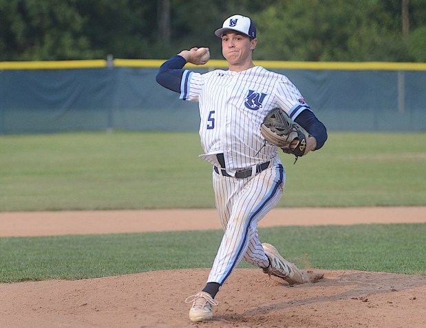Upper Darby's (5) Quinten Perilli pitches against Aston Valley in Game 2 of a Delco League semifinal playoff series Monday. Perelli struck out seven in 4.2 innings to earn the win. (PETE BANNAN/MediaNews Group)