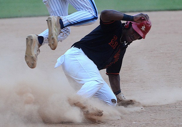 Aston Valley's Kenyon Motley steals third base during Monday's Game 2 of a Delco League semifinal playoff series. (PETE BANNAN/MediaNews Group)