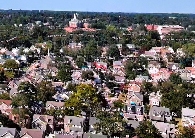 Heading toward Bonner & Prendergast High School, a drone monitor shows officers street names to assist in understanding ground location. (UPPER DARBY POLICE VIDEO)