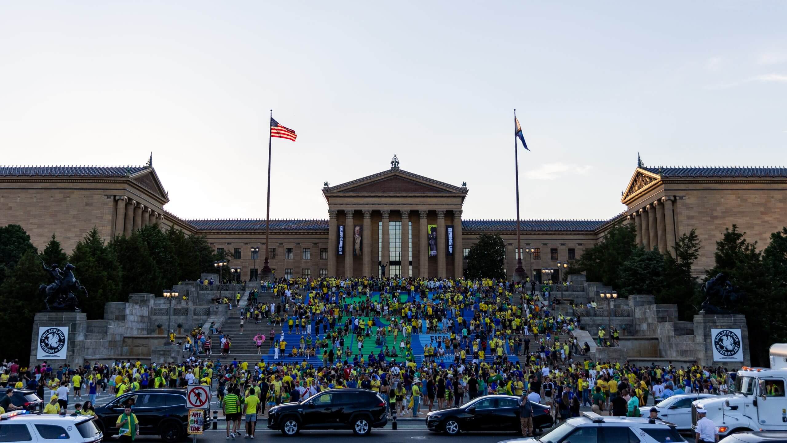 Fans gathering o the steps outside the Philadelphia Museum of Art