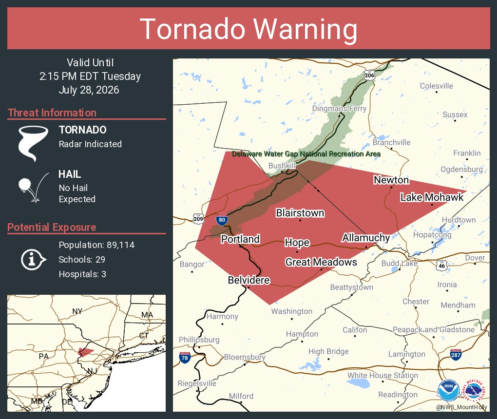 Tornado warning issued for part of Northampton, Monroe County