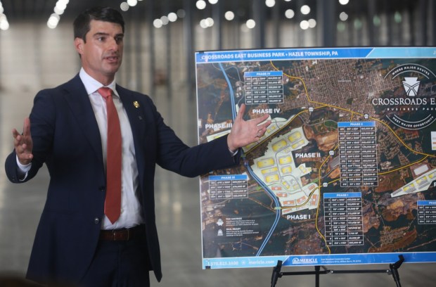 U.S. Rep. Rob Bresnahan, R-8, Dallas Twp., talks about Crossroads East Business Park following a closed-door roundtable with U.S. Secretary of Housing and Urban Development Scott Turner and elected officials, chambers of commerce leaders and local stakeholders on federal opportunity zones and other housing priorities in Northeastern Pennsylvania on Tuesday, July 7, 2026 at Crossroads East Business Park.(John Haeger / Staff Photographer)