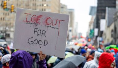 An “Ice Out for Good” sign during a rainy day at City Hall as many gather to rally and protest against ICE in Philadelphia on Jan. 10.